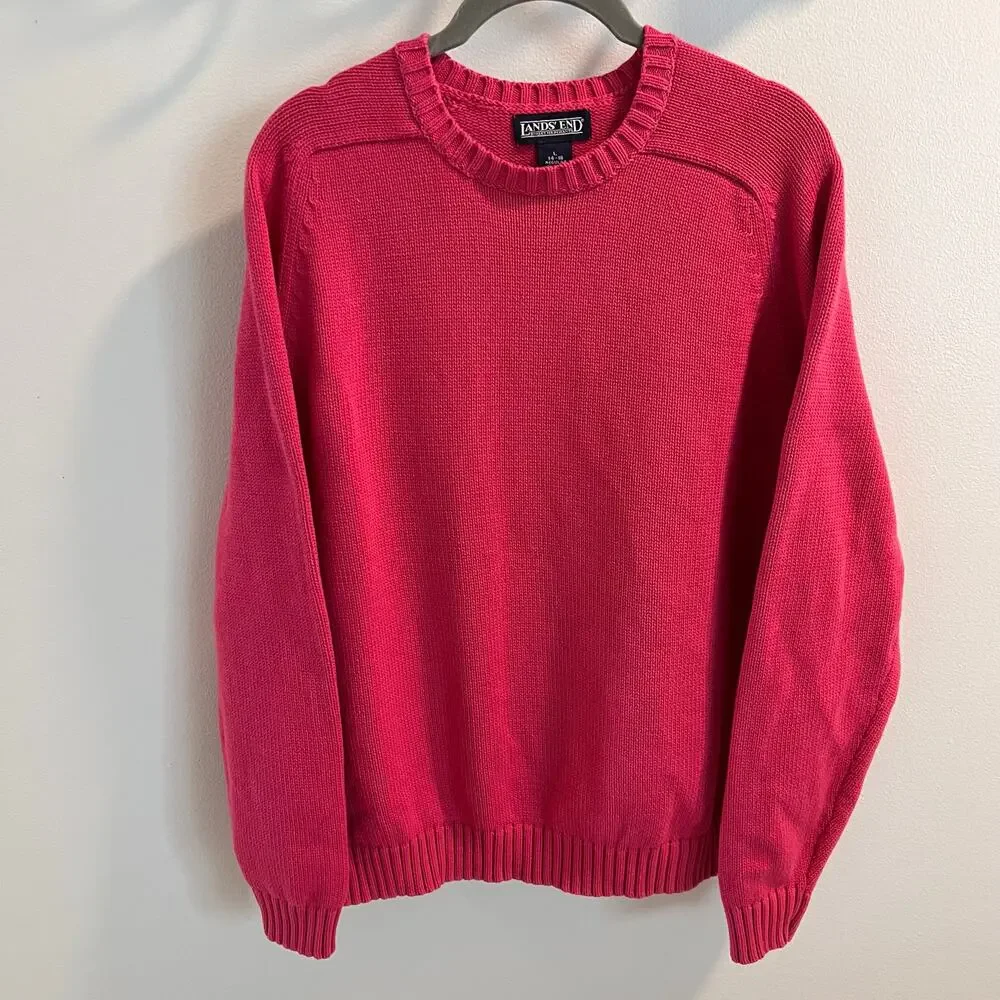 Lands End Pink 100% Cotton Pullover Sweater Size L 14-16
